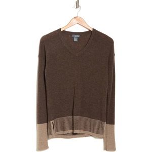 Holiday Gifts 🎁! NWT Griffen Striped Cashmere V-neck Sweater Chocolate & Mink XL